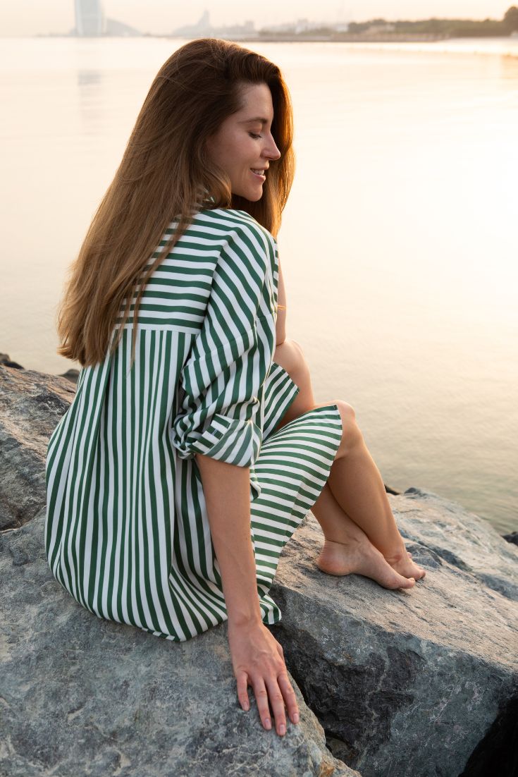 Short Maria Shjrt Dress Green Stripes Tencel Sustainable | EMILIA OHRTMANN