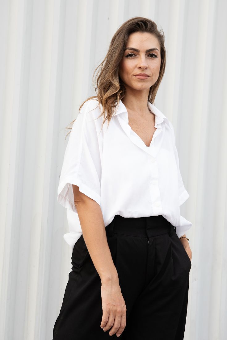 White Short Sleeved Alexi Blouse Cupro | EMILIA OHRTMANN