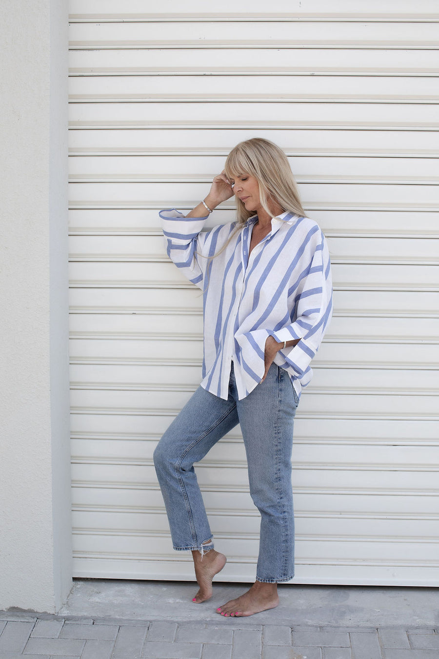 oversized Stella Blouse linen cotton stripes blue | EMILIA OHRTMANN