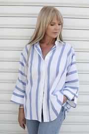 Stella Blouse linen cotton stripes blue | EMILIA OHRTMANN
