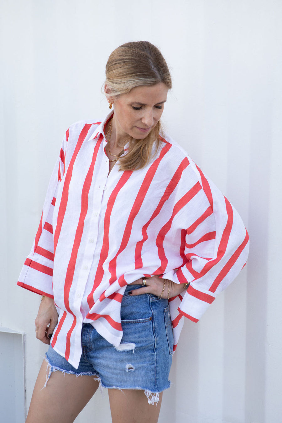 oversized Stella Blouse orange white stripes linen cotton | EMILIA OHRTMANN